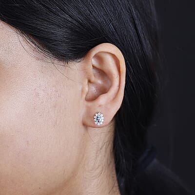 Santa Maria Aquamarine and Moissanite 0.85 ctw Sunburst Earrings in Rhodium Over Sterling Silver