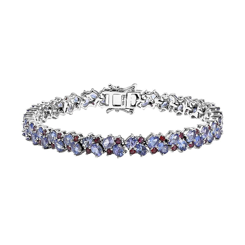 D'Joy Tanzanite and Anthill Garnet 10.90 ctw Natural Blooming Bracelet in Rhodium Over Sterling Silver (7.25 In)