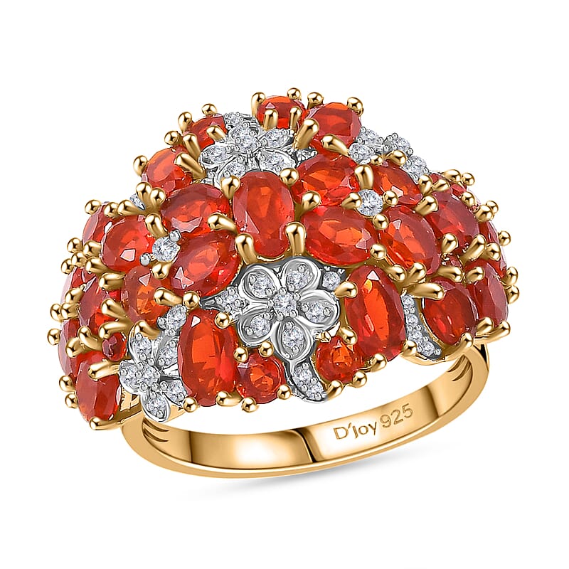 Mexican Cherry Fire Opal and Moissanite 3.30 ctw Bunch of Flower Ring in 18K Vermeil Yellow Gold Over Sterling Silver (Size 10.0)