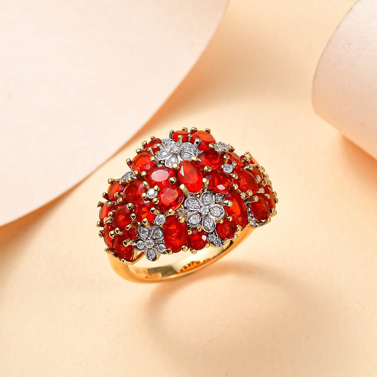 Mexican Cherry Fire Opal and Moissanite 3.30 ctw Flower Ring in 18K Vermeil Yellow Gold Over Sterling Silver image number 1