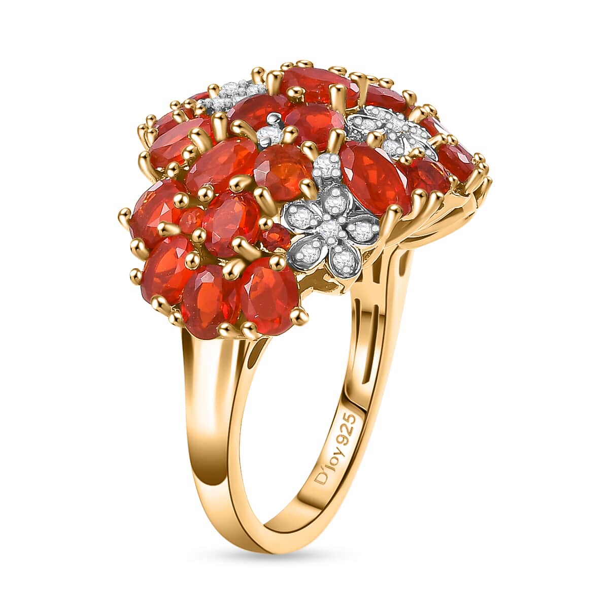 Mexican Cherry Fire Opal and Moissanite 3.30 ctw Flower Ring in 18K Vermeil Yellow Gold Over Sterling Silver image number 3