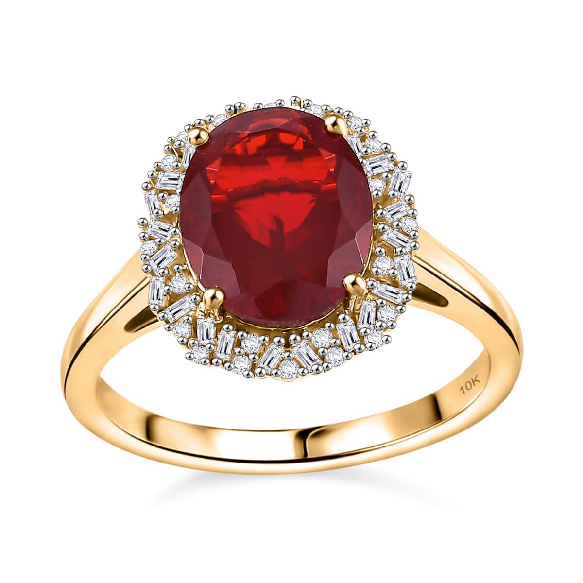 Luxoro Premium Mexican Cherry Fire Opal and G-H I2 Diamond 2.65 ctw Radiant Sunlight Ring in 10K Yellow Gold (Size 10.0) (Del. in 10-12 Days)  image number 0