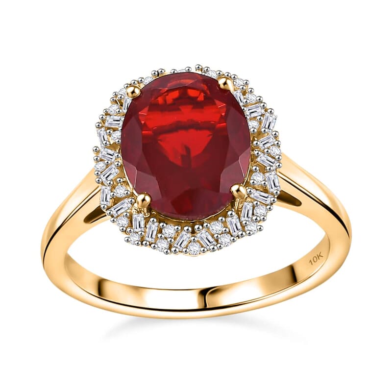 Luxoro Premium Mexican Cherry Fire Opal and G-H I2 Diamond 2.65 ctw Radiant Sunlight Ring in 10K Yellow Gold (Size 10.0)