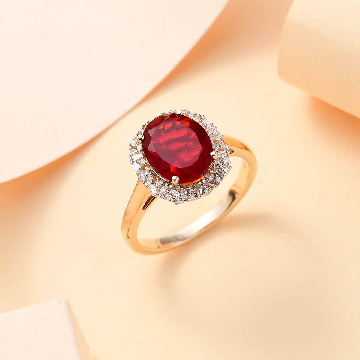 Luxoro Premium Mexican Cherry Fire Opal and G-H I2 Diamond 2.65 ctw Radiant Sunlight Ring in 10K Yellow Gold (Size 10.0) (Del. in 10-12 Days)  image number 1