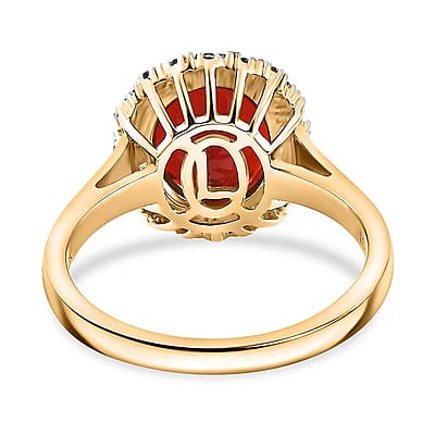 Epic Deal Luxoro 10K Yellow Gold Premium Mexican Cherry Fire Opal, Diamond (G-H, I2) (0.25 cts) Halo Ring (Size 12.0) 2.75 ctw
