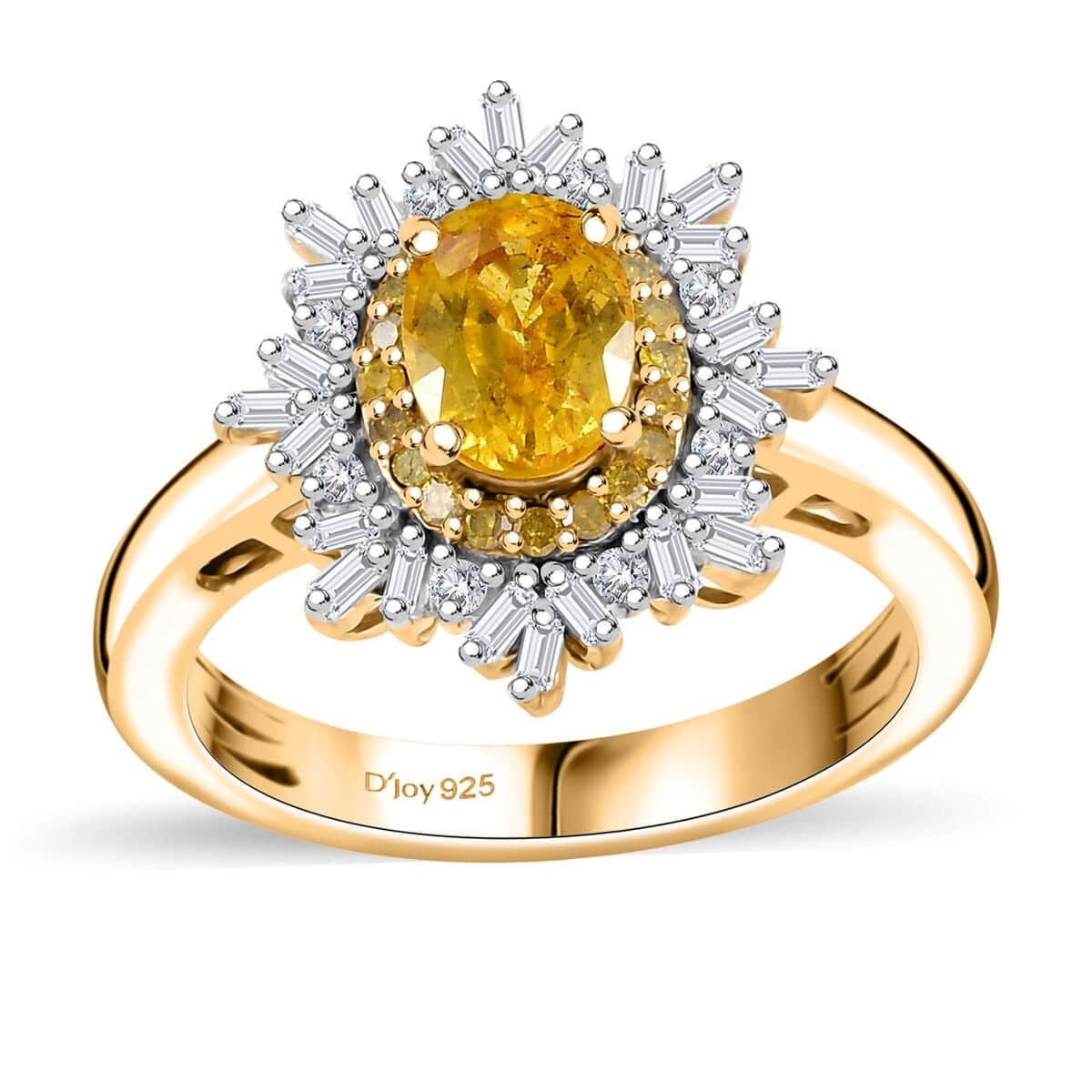 Madagascar Yellow Sapphire, Natural Yellow and White Diamond (I3) (0.33 cts) Sunburst Ring in 18K Vermeil YG Over Sterling Silver (Size 10.0) (Del. in 10-12 Days) 1.40 ctw image number 0