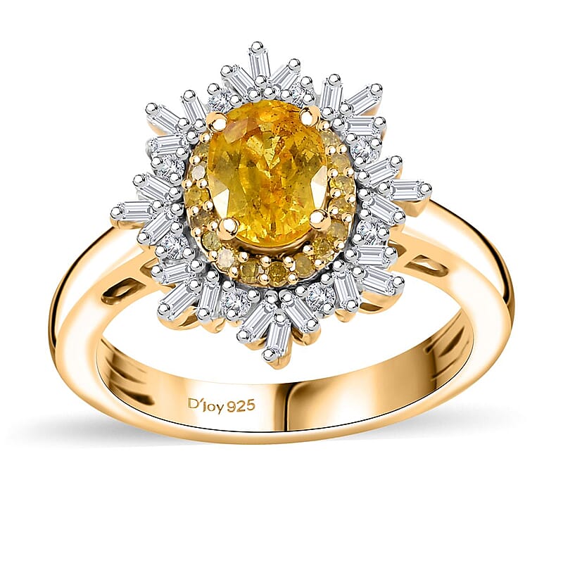 D'Joy Madagascar Yellow Sapphire, I3 Natural Yellow and White Diamond 1.50 ctw Sunburst Ring in 18K Vermeil Yellow Gold Over Sterling Silver (Size 10.0)