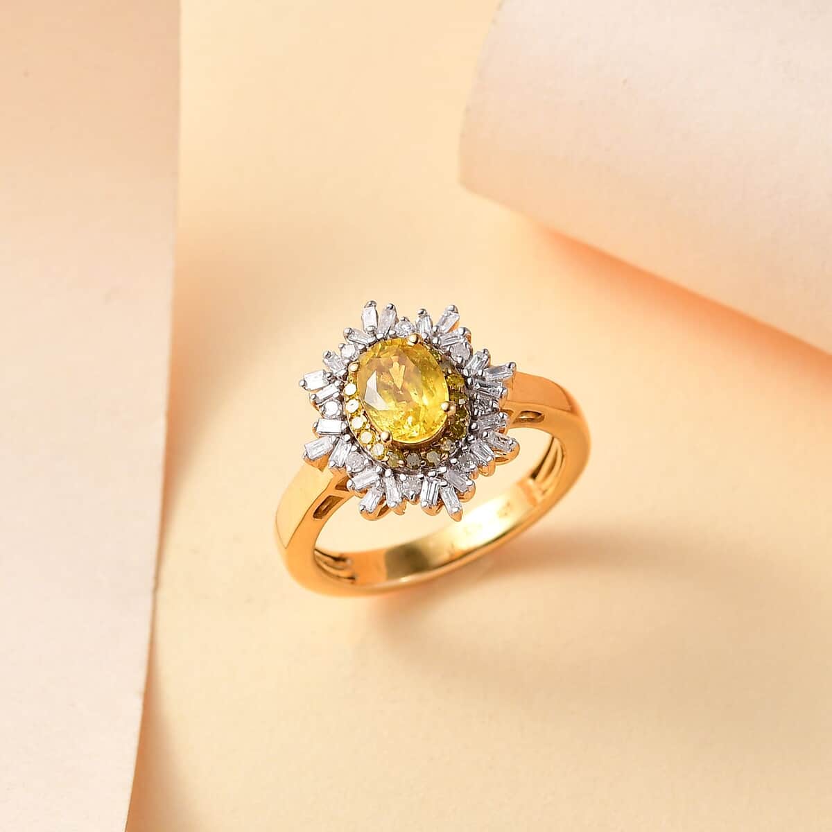 Madagascar Yellow Sapphire, Natural Yellow and White Diamond (I3) (0.33 cts) Sunburst Ring in 18K Vermeil YG Over Sterling Silver (Size 10.0) (Del. in 10-12 Days) 1.40 ctw image number 1