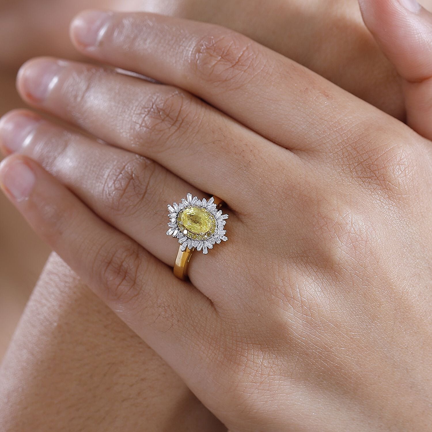 D'Joy Madagascar Yellow Sapphire, I3 Natural Yellow and White Diamond 1.50 ctw Sunburst Ring in 18K Vermeil Yellow Gold Over Sterling Silver (Size 10.0)
