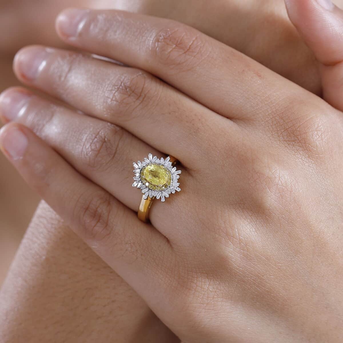 Madagascar Yellow Sapphire, Natural Yellow and White Diamond (I3) (0.33 cts) Sunburst Ring in 18K Vermeil YG Over Sterling Silver (Size 10.0) (Del. in 10-12 Days) 1.40 ctw image number 2