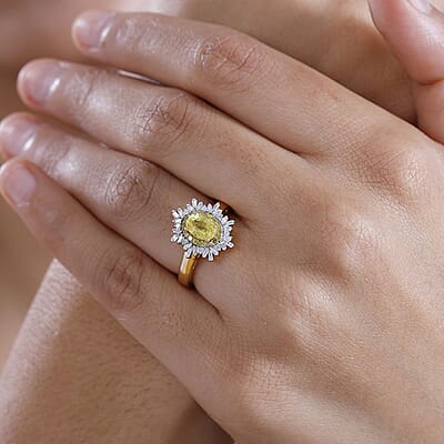D'Joy Madagascar Yellow Sapphire, I3 Natural Yellow and White Diamond 1.50 ctw Sunburst Ring in 18K Vermeil Yellow Gold Over Sterling Silver (Size 10.0)