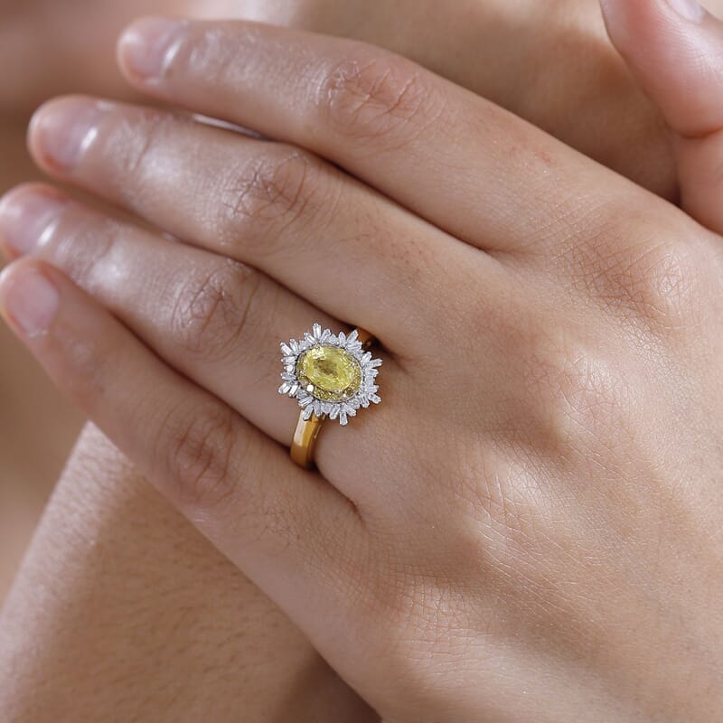 D'Joy Madagascar Yellow Sapphire, I3 Natural Yellow and White Diamond 1.50 ctw Sunburst Ring in 18K Vermeil Yellow Gold Over Sterling Silver (Size 10.0)