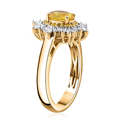 D'Joy Madagascar Yellow Sapphire, I3 Natural Yellow and White Diamond 1.50 ctw Sunburst Ring in 18K Vermeil Yellow Gold Over Sterling Silver (Size 10.0)