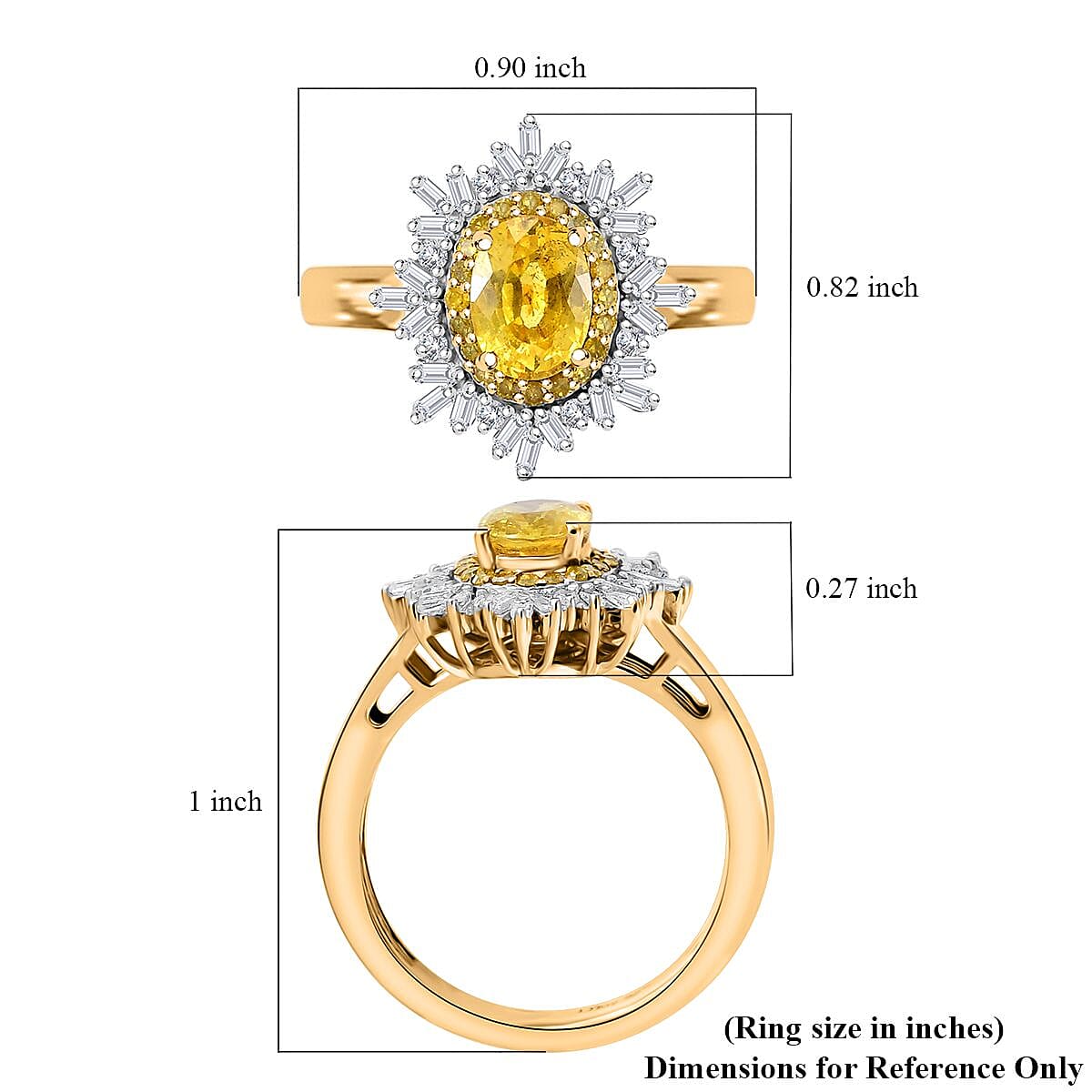 D'Joy Madagascar Yellow Sapphire, I3 Natural Yellow and White Diamond 1.50 ctw Sunburst Ring in 18K Vermeil Yellow Gold Over Sterling Silver (Size 10.0)