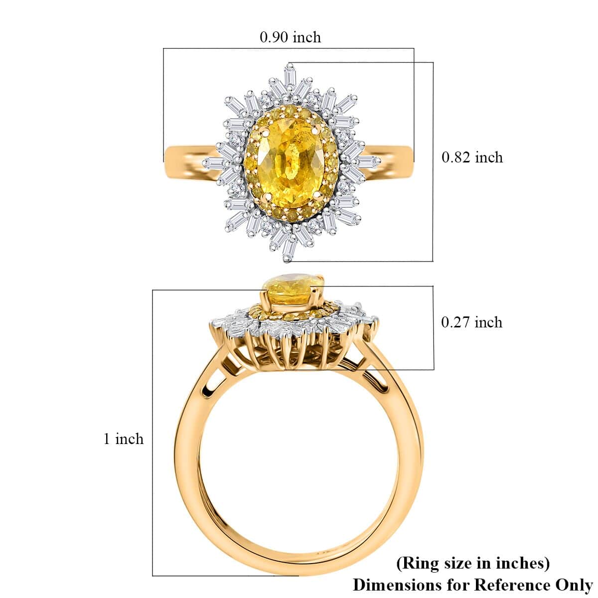 Madagascar Yellow Sapphire, Natural Yellow and White Diamond (I3) (0.33 cts) Sunburst Ring in 18K Vermeil YG Over Sterling Silver (Size 10.0) (Del. in 10-12 Days) 1.40 ctw image number 5