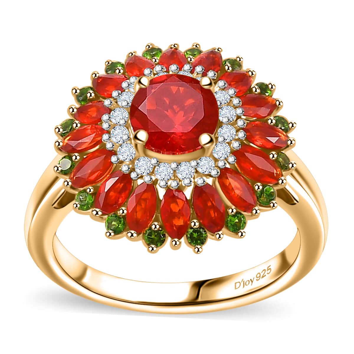 Mexican Cherry Fire Opal and Multi Gemstone 2.15 ctw Scarlet Dahlia Ring in 18K Vermeil Yellow Gold Over Sterling Silver (Size 10.0) image number 0