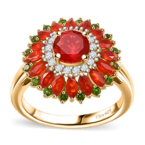 Mexican Cherry Fire Opal and Multi Gemstone 2.15 ctw Scarlet Dahlia Ring in 18K Vermeil Yellow Gold Over Sterling Silver (Size 10.0)