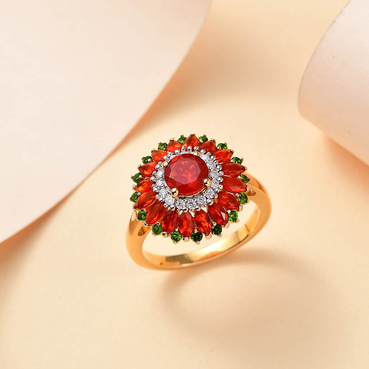 Mexican Cherry Fire Opal and Multi Gemstone 2.15 ctw Scarlet Dahlia Ring in 18K Vermeil Yellow Gold Over Sterling Silver (Size 10.0) image number 1