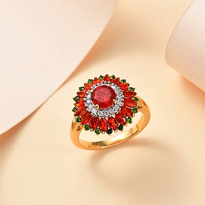 Mexican Cherry Fire Opal and Multi Gemstone 2.15 ctw Scarlet Dahlia Ring in 18K Vermeil Yellow Gold Over Sterling Silver (Size 10.0)