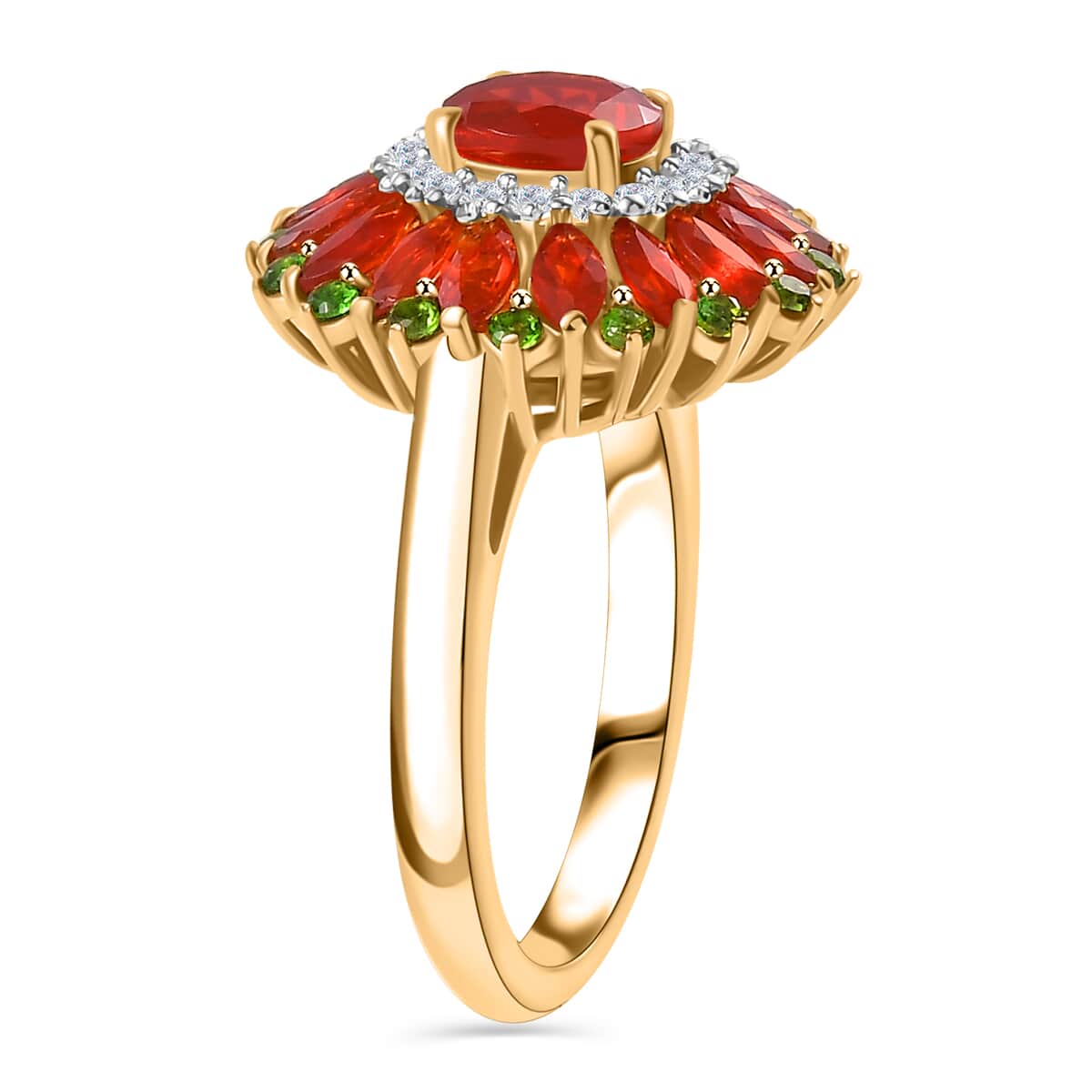 Mexican Cherry Fire Opal and Multi Gemstone 2.15 ctw Scarlet Dahlia Ring in 18K Vermeil Yellow Gold Over Sterling Silver (Size 10.0) image number 3