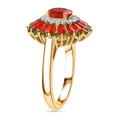 Mexican Cherry Fire Opal and Multi Gemstone 2.15 ctw Scarlet Dahlia Ring in 18K Vermeil Yellow Gold Over Sterling Silver (Size 10.0)
