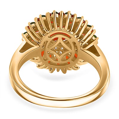 Mexican Cherry Fire Opal and Multi Gemstone 2.15 ctw Scarlet Dahlia Ring in 18K Vermeil Yellow Gold Over Sterling Silver (Size 10.0)