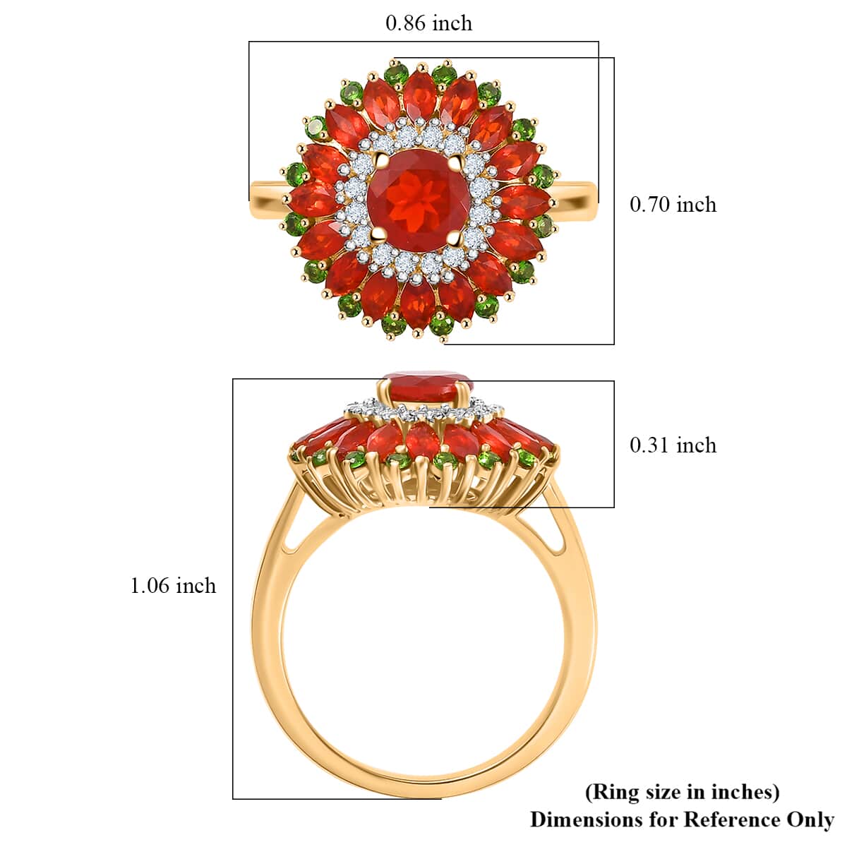 Mexican Cherry Fire Opal and Multi Gemstone 2.15 ctw Scarlet Dahlia Ring in 18K Vermeil Yellow Gold Over Sterling Silver (Size 10.0) image number 5