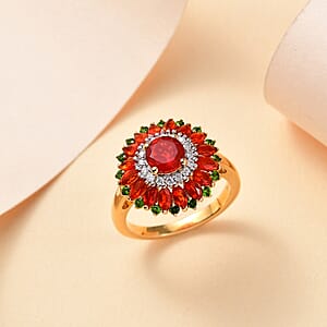 D'Joy Mexican Cherry Fire Opal and Multi Gemstone 2.15 ctw Scarlet Dahlia Ring in 18K Vermeil Yellow Gold Over Sterling Silver (Size 6.0)