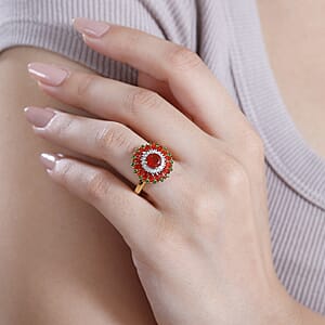 D'Joy Mexican Cherry Fire Opal and Multi Gemstone 2.15 ctw Scarlet Dahlia Ring in 18K Vermeil Yellow Gold Over Sterling Silver (Size 6.0)