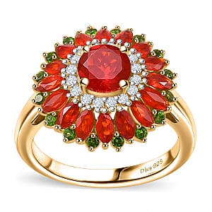D'Joy Mexican Cherry Fire Opal and Multi Gemstone 2.15 ctw Scarlet Dahlia Ring in 18K Vermeil Yellow Gold Over Sterling Silver (Size 8.0)