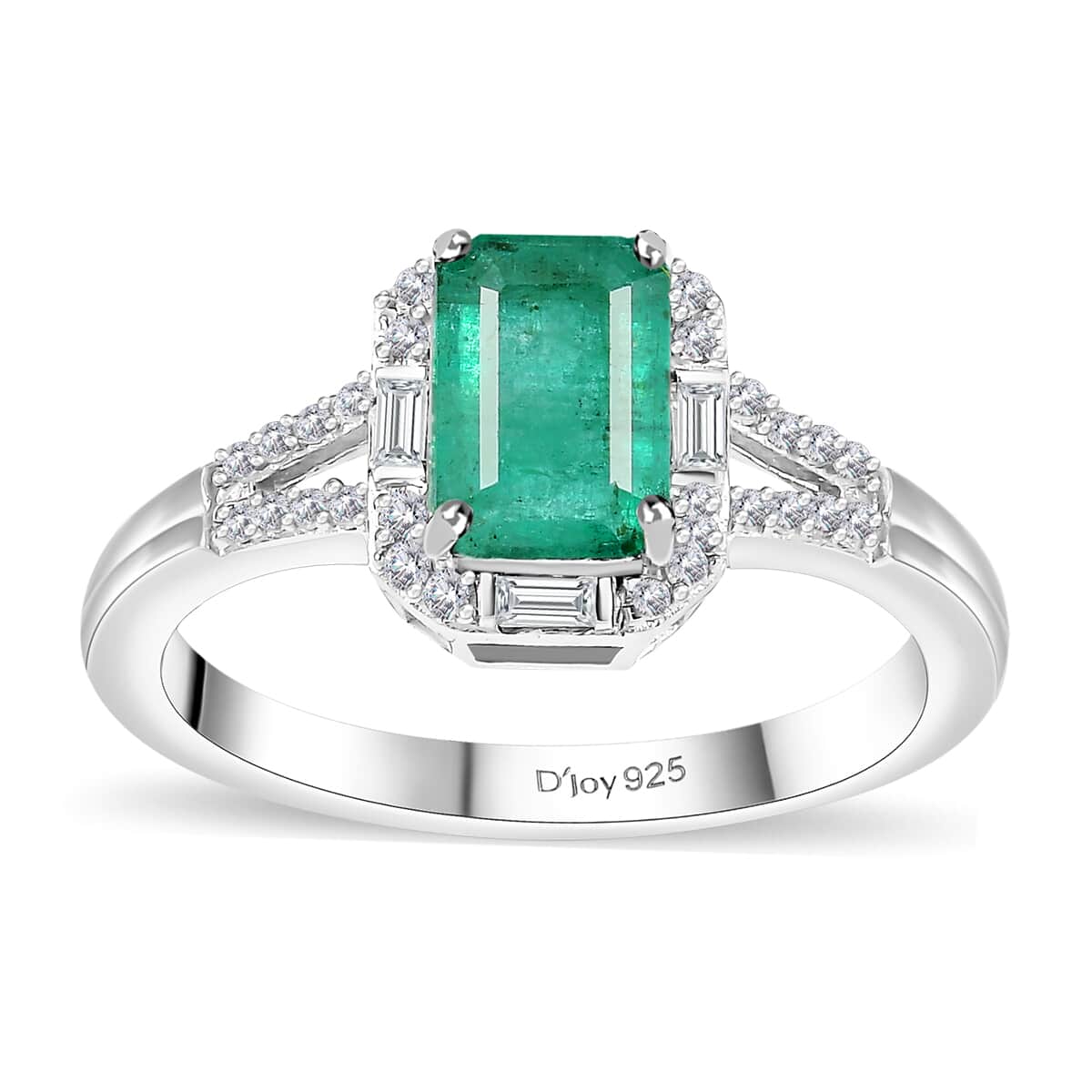 Kagem Zambian Emerald, Moissanite Embrace Ring in Rhodium Over Sterling Silver (Size 10.0) 1.20 ctw image number 0