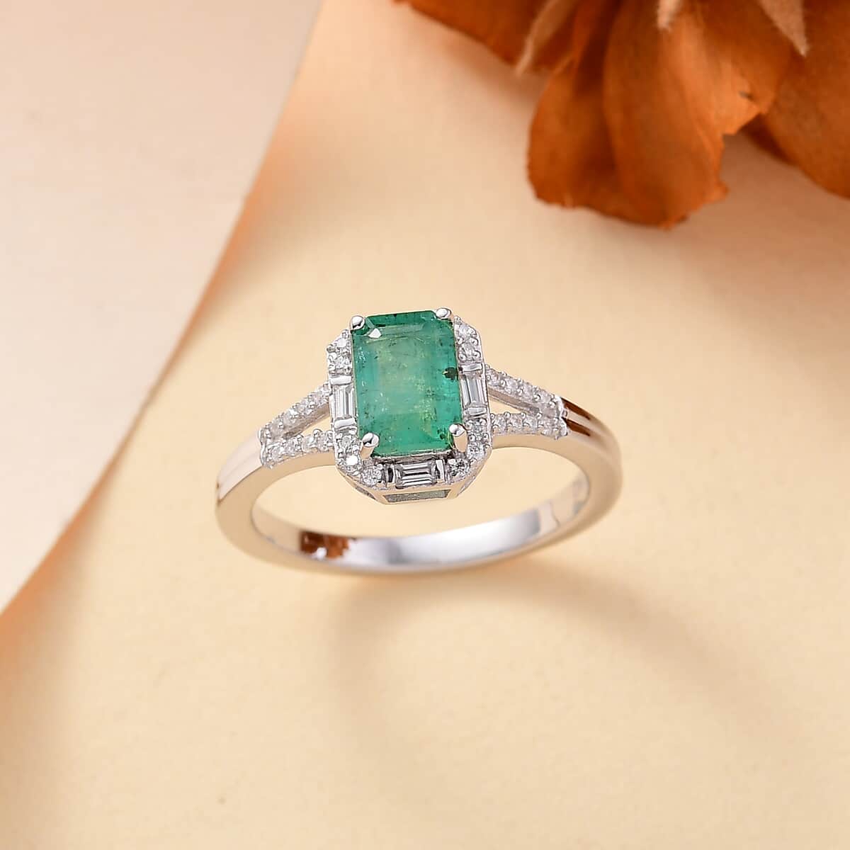 Kagem Zambian Emerald, Moissanite Embrace Ring in Rhodium Over Sterling Silver (Size 10.0) 1.20 ctw image number 1