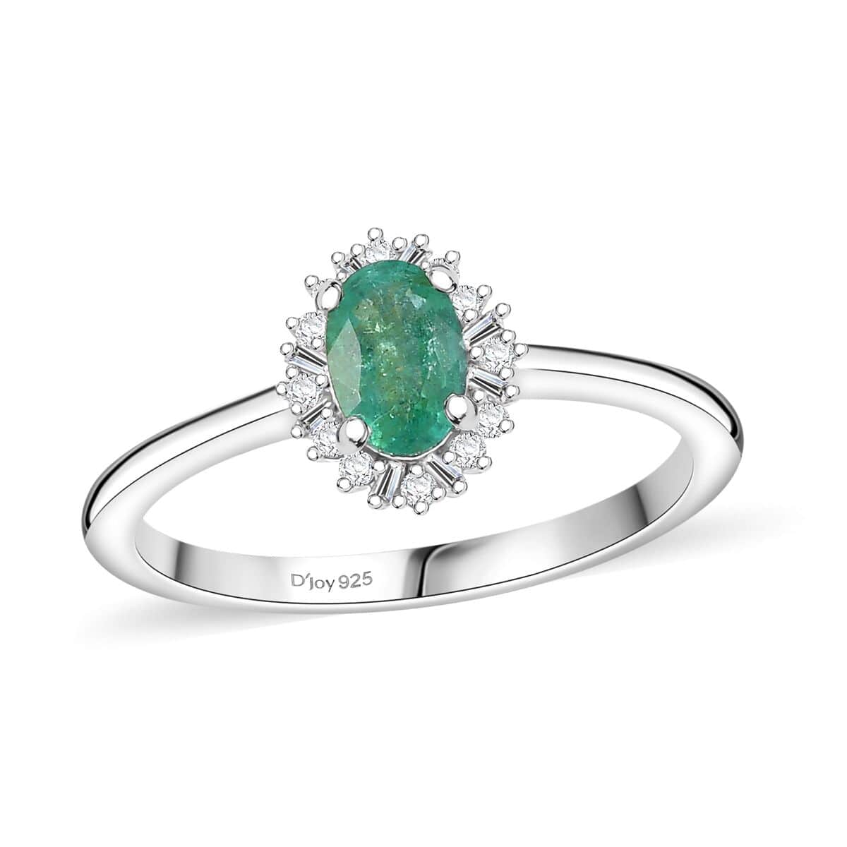 Kagem Zambian Emerald, Diamond Sunburst Ring in Rhodium Over Sterling Silver (Size 10.0) 0.50 ctw image number 0