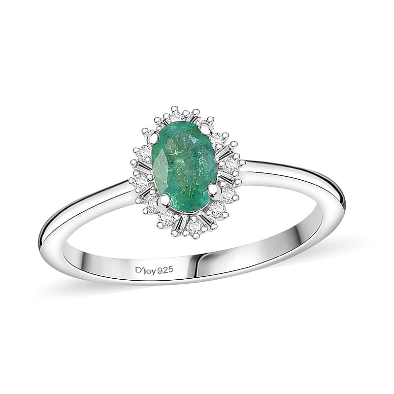 Kagem Zambian Emerald and Diamond 0.50 ctw Sunburst Ring in Rhodium Over Sterling Silver (Size 10.0)
