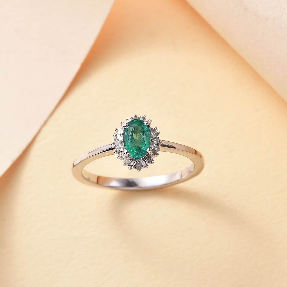 Kagem Zambian Emerald, Diamond Sunburst Ring in Rhodium Over Sterling Silver (Size 10.0) 0.50 ctw image number 1