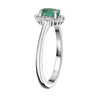 Kagem Zambian Emerald and Diamond 0.50 ctw Sunburst Ring in Rhodium Over Sterling Silver (Size 10.0)