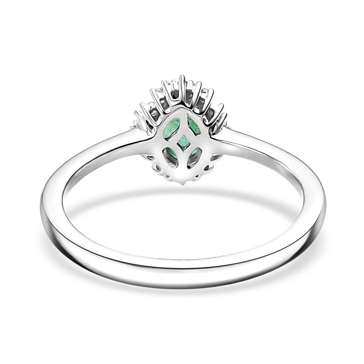 Kagem Zambian Emerald, Diamond Sunburst Ring in Rhodium Over Sterling Silver (Size 10.0) 0.50 ctw image number 4