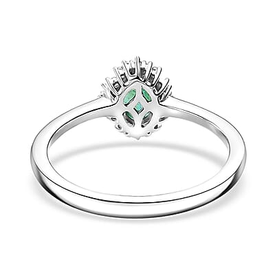 Kagem Zambian Emerald and Diamond 0.50 ctw Sunburst Ring in Rhodium Over Sterling Silver (Size 10.0)