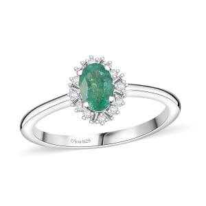 Kagem Zambian Emerald and Diamond 0.50 ctw Sunburst Ring in Rhodium Over Sterling Silver (Size 8.0)