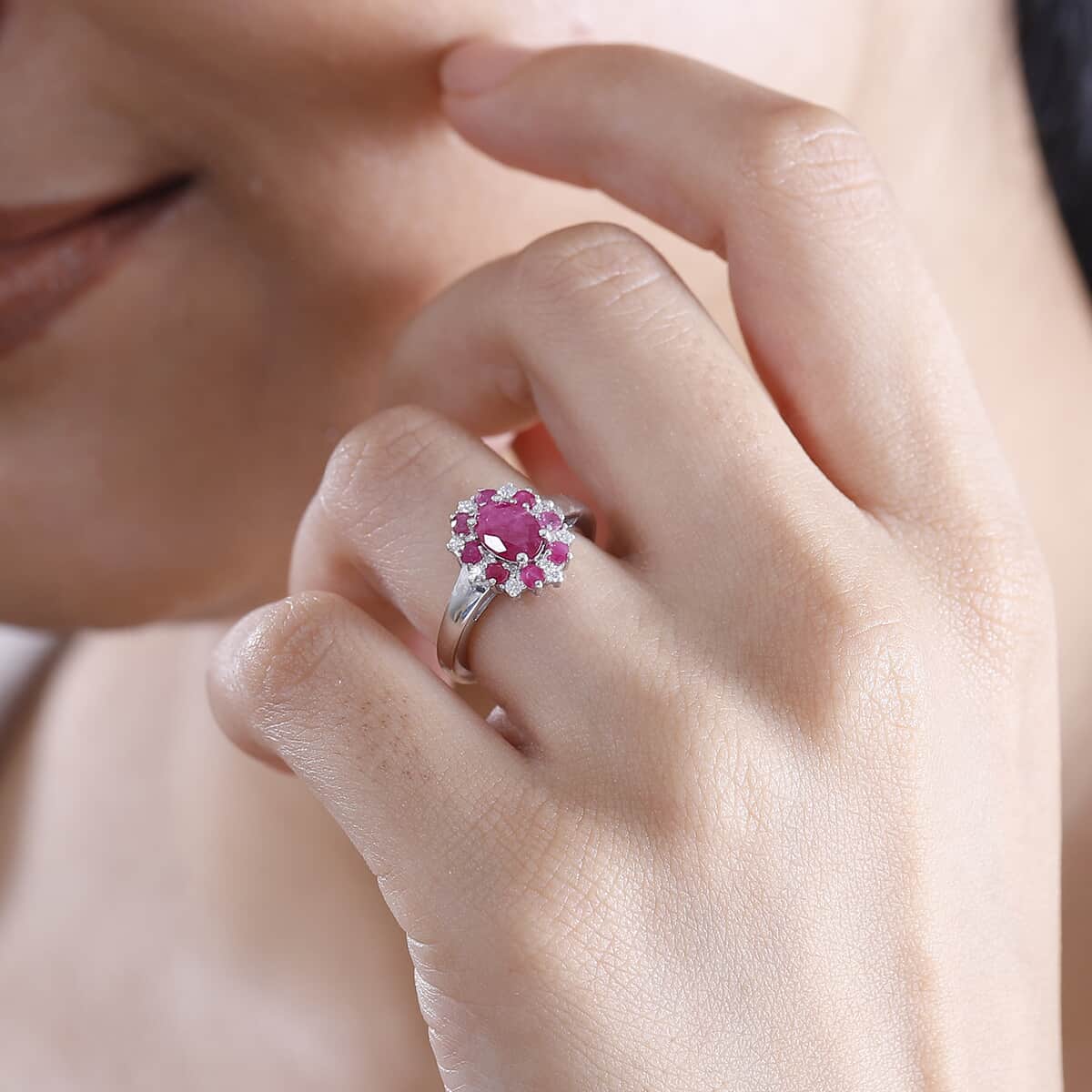 Premium Montepuez Ruby, Moissanite Floral Ring in Rhodium Over Sterling Silver (Size 10.0) 1.65 ctw image number 2