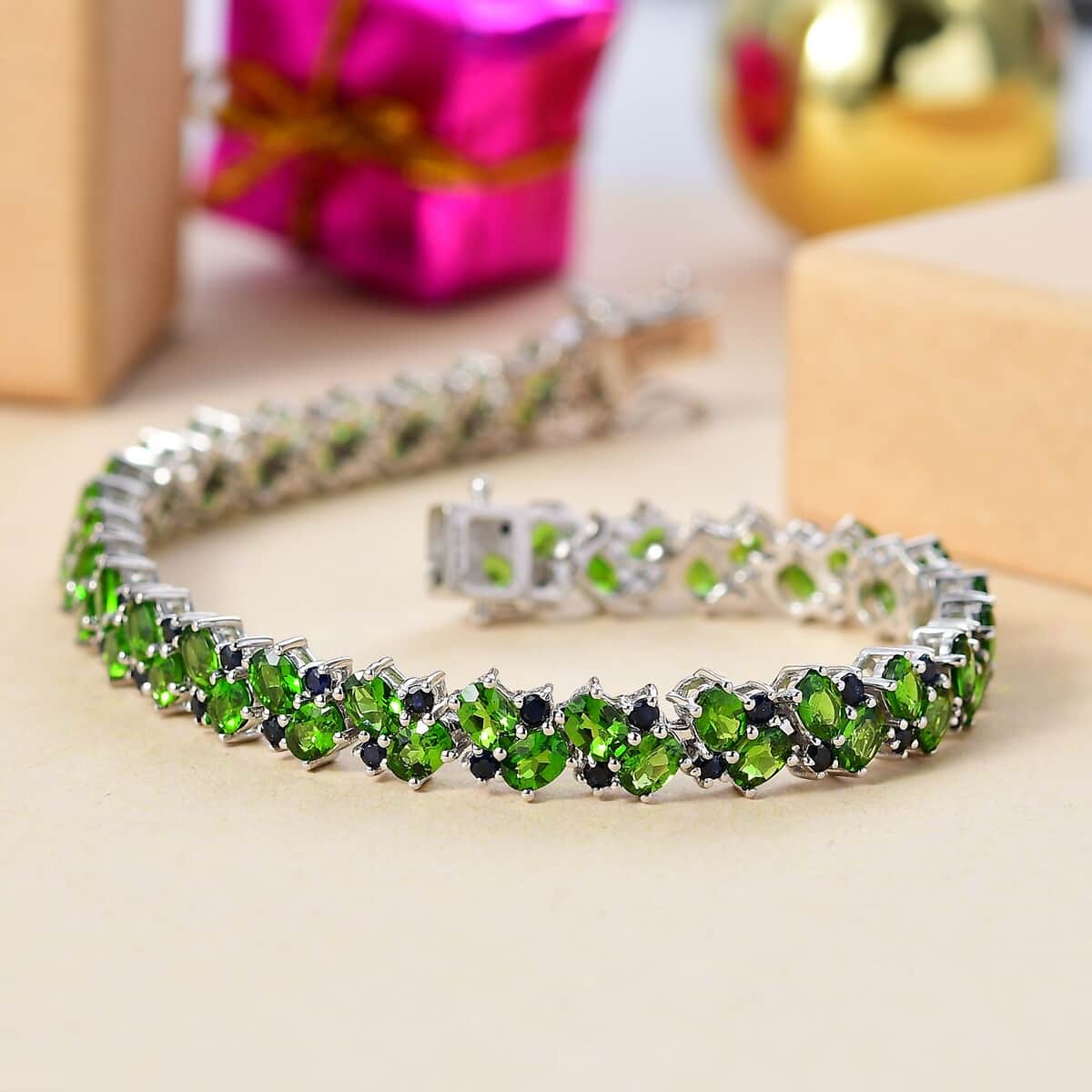 Chrome Diopside and Blue Sapphire 12.70 ctw Natural Blooming Bracelet in Rhodium Over Sterling Silver (7.25 In) image number 1