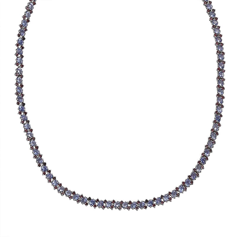 D'Joy Tanzanite and Anthill Garnet 18.80 ctw Natural Blooming Necklace in Rhodium Over Sterling Silver 18 Inches