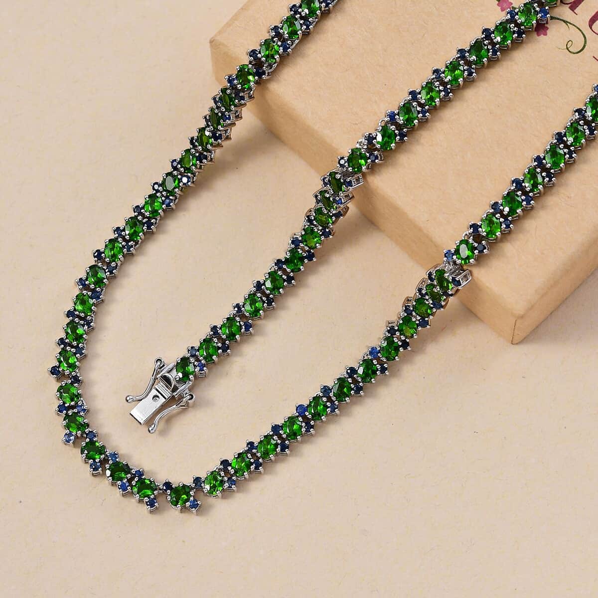 Chrome Diopside and Blue Sapphire 21.50 ctw Natural Blooming Necklace in Rhodium Over Sterling Silver 18 Inches image number 1