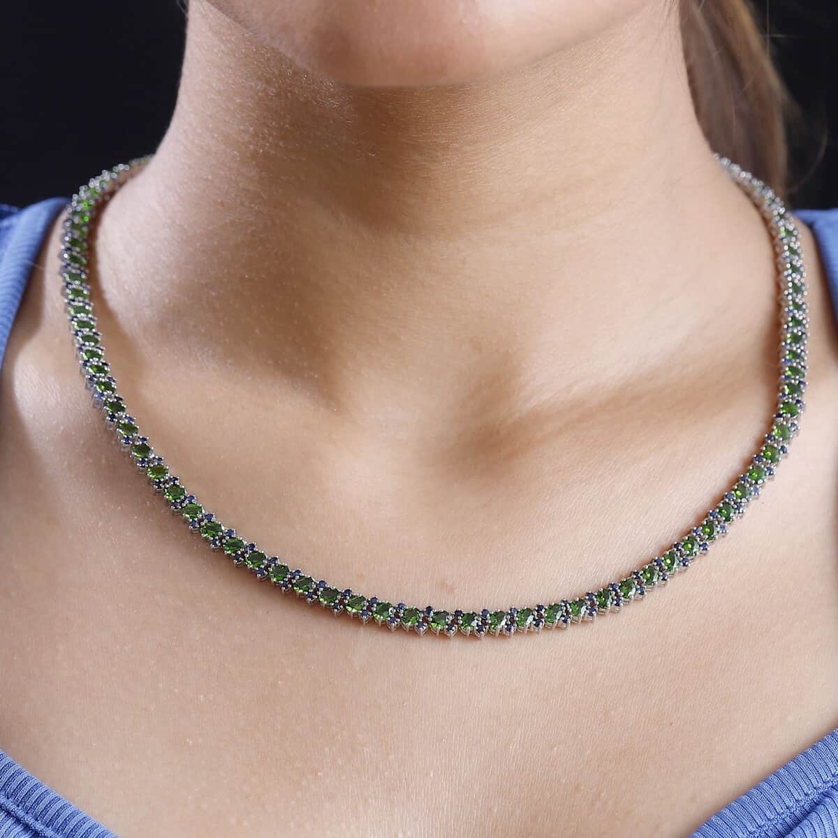 Chrome Diopside and Blue Sapphire 21.50 ctw Natural Blooming Necklace in Rhodium Over Sterling Silver 18 Inches image number 2