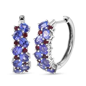 Doorbuster Tanzanite and Anthill Garnet 3.00 ctw Natural Blooming Hoop Earrings in Rhodium Over Sterling Silver