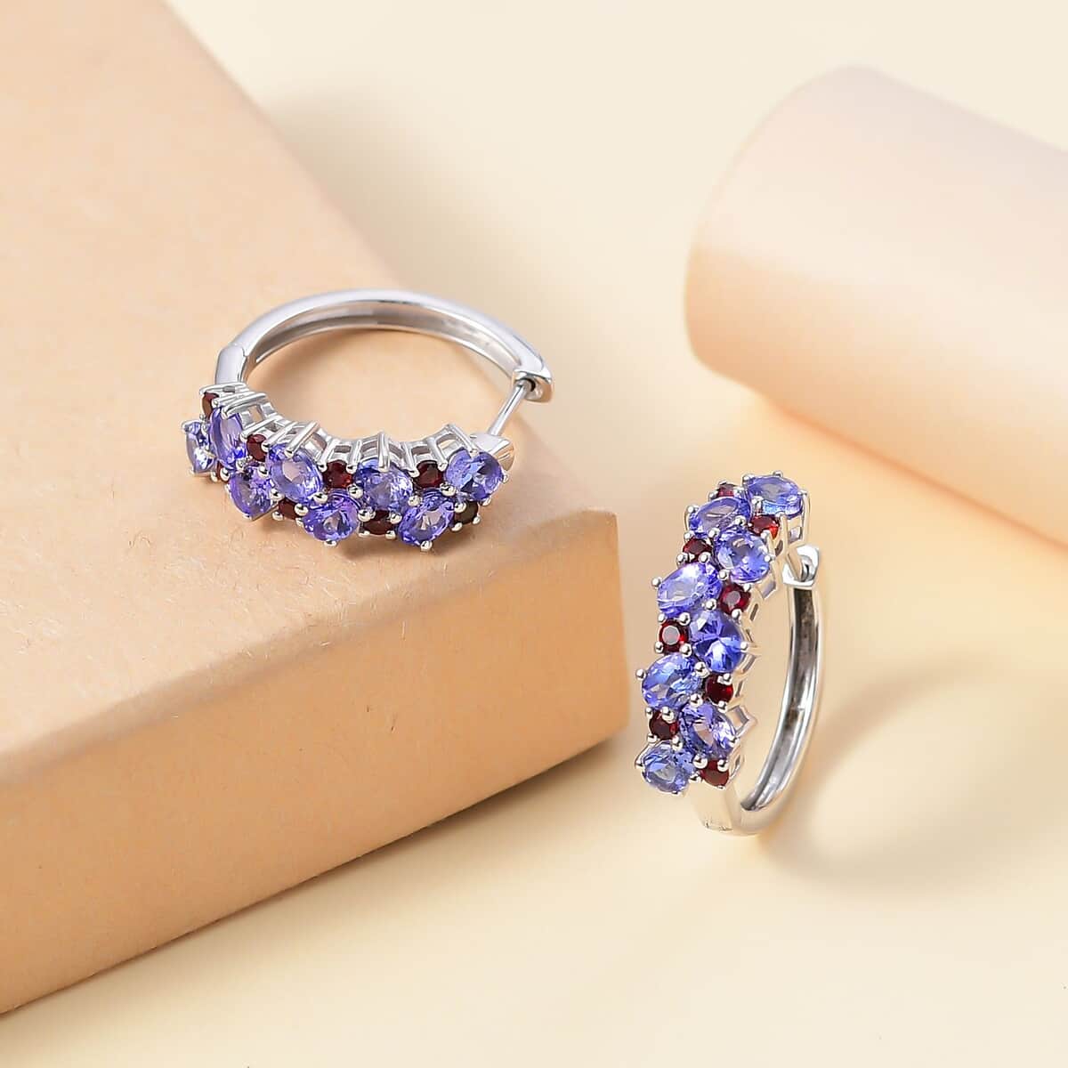 Doorbuster Tanzanite and Anthill Garnet 3.00 ctw Natural Blooming Hoop Earrings in Rhodium Over Sterling Silver image number 1