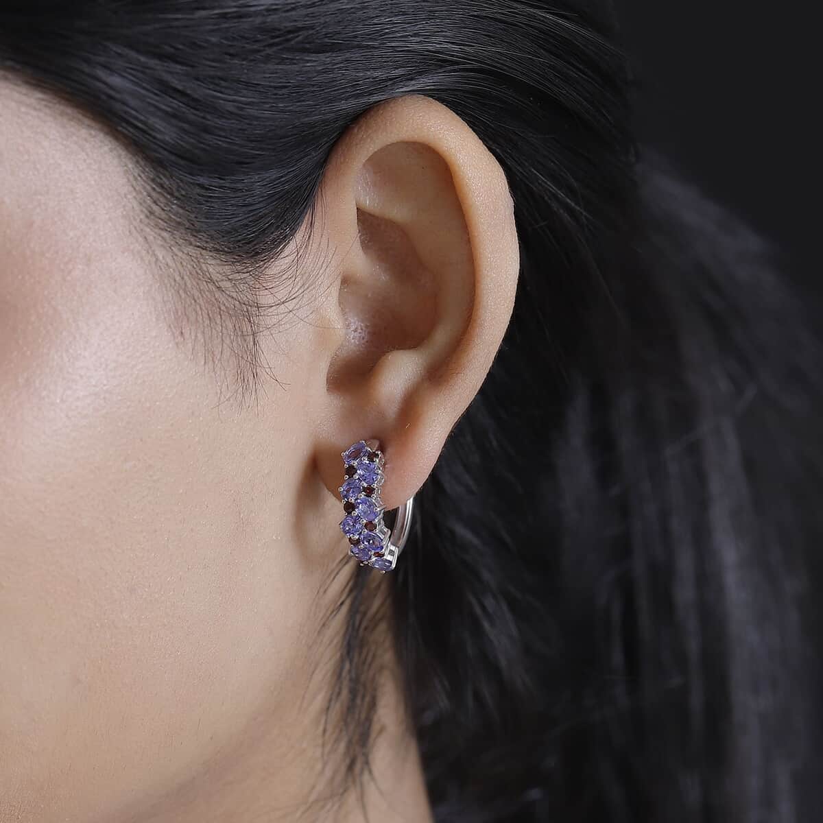 Doorbuster Tanzanite and Anthill Garnet 3.00 ctw Natural Blooming Hoop Earrings in Rhodium Over Sterling Silver image number 2