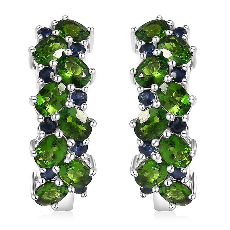 D'Joy Chrome Diopside and Blue Sapphire 3.50 ctw Natural Blooming Hoop Earrings in Rhodium Over Sterling Silver