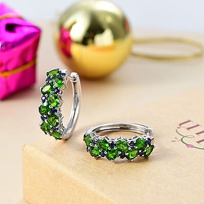 D'Joy Chrome Diopside and Blue Sapphire 3.50 ctw Natural Blooming Hoop Earrings in Rhodium Over Sterling Silver