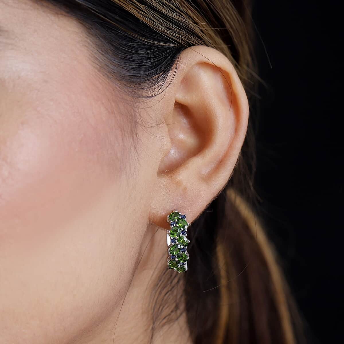 Chrome Diopside and Blue Sapphire 3.50 ctw Natural Blooming Hoop Earrings in Rhodium Over Sterling Silver image number 2